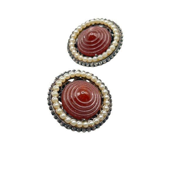 Vintage Clip On Earrings Brown Glass Pointy Stones and Faux Pearls Round Clips - Picture 1 of 4